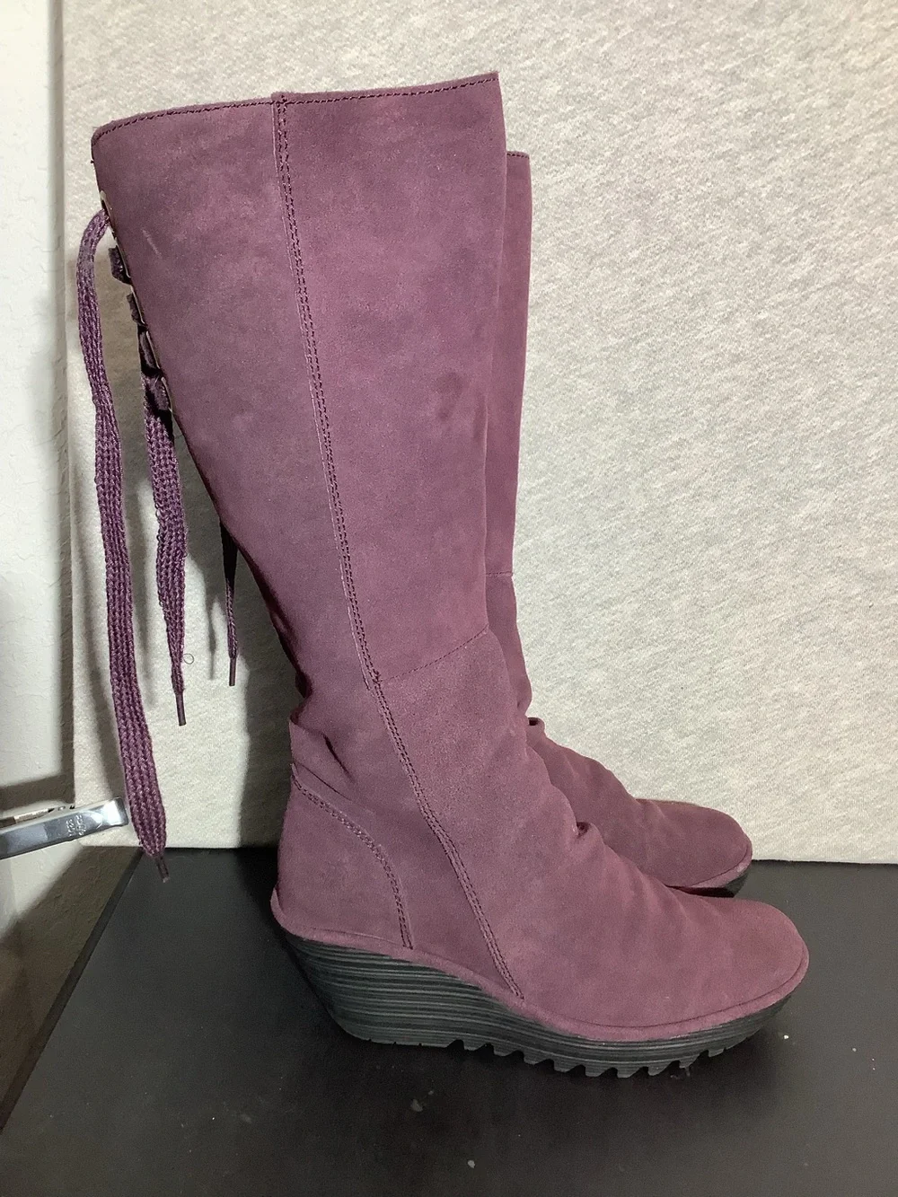 Fly London Women's Tall Suede Wedge Boots in Plum